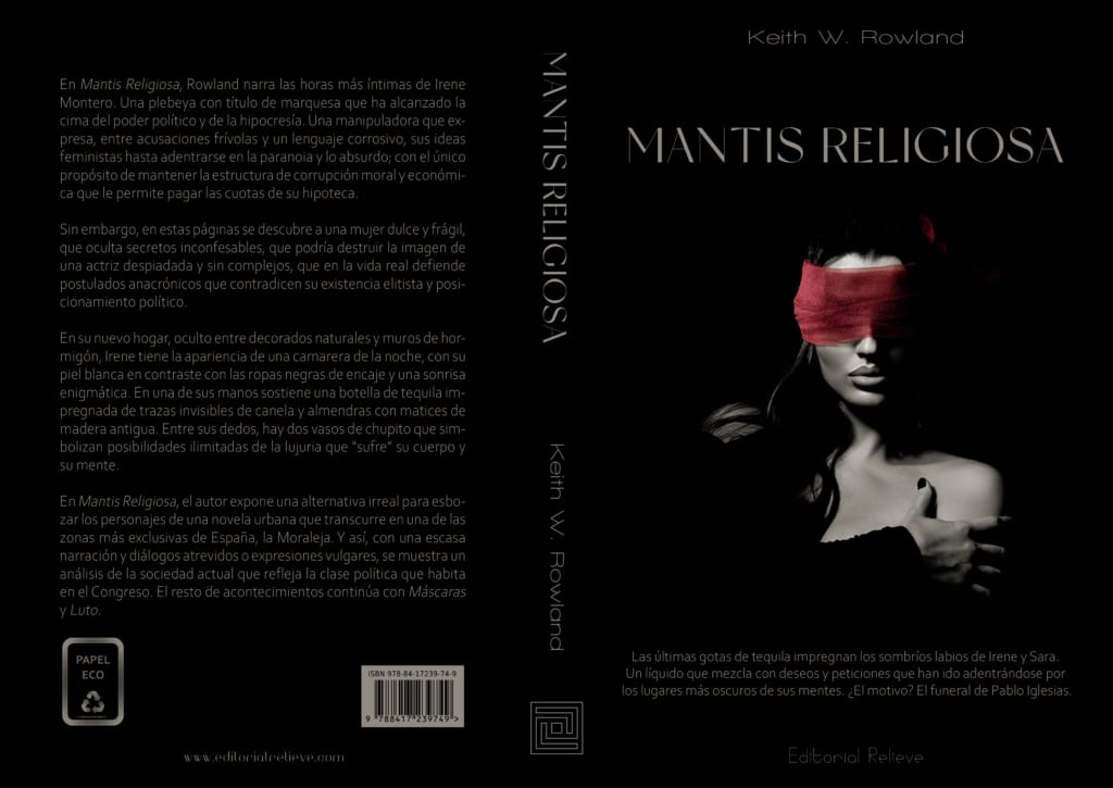 Portada completa de Mantis Religiosa una novela de Keith W Rowland y que publicará editorial Relieve 20 de marzo 2024, libros de Keith W. Rowland
